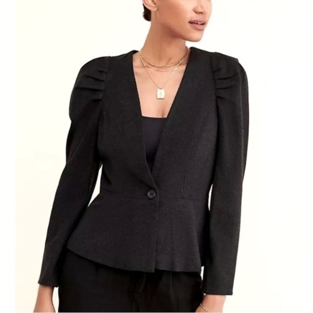 Greylin Dark Gray Ribbed Puff Shoulder Peplum Blazer Jacket Medium M